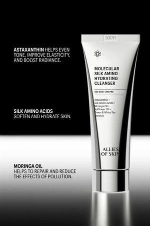 Hydrating Cleanser with astaxanthin and silk amino acid callouts